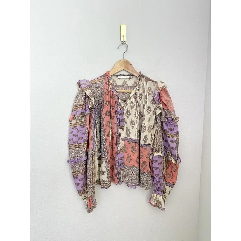 Karlie Patchwork Floral Peasant Blouse in Coral, Lavender & Cream - Picture 1 of 7